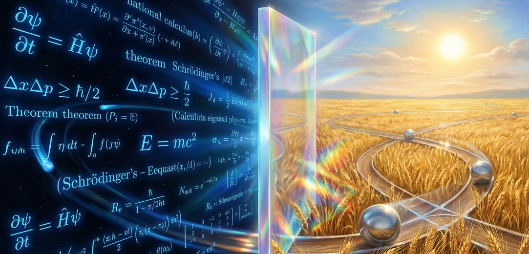 A hyper-detailed, surrealist digital painting split down the middle. On the left side, cold blue glowing mathematical equations float in a dark void. On the right side, a vibrant, sunlit wheat field where silver spheres roll along invisible geometric tracks. A shimmering, prismatic barrier separates the two halves, with light refracting between the equations and the spheres.