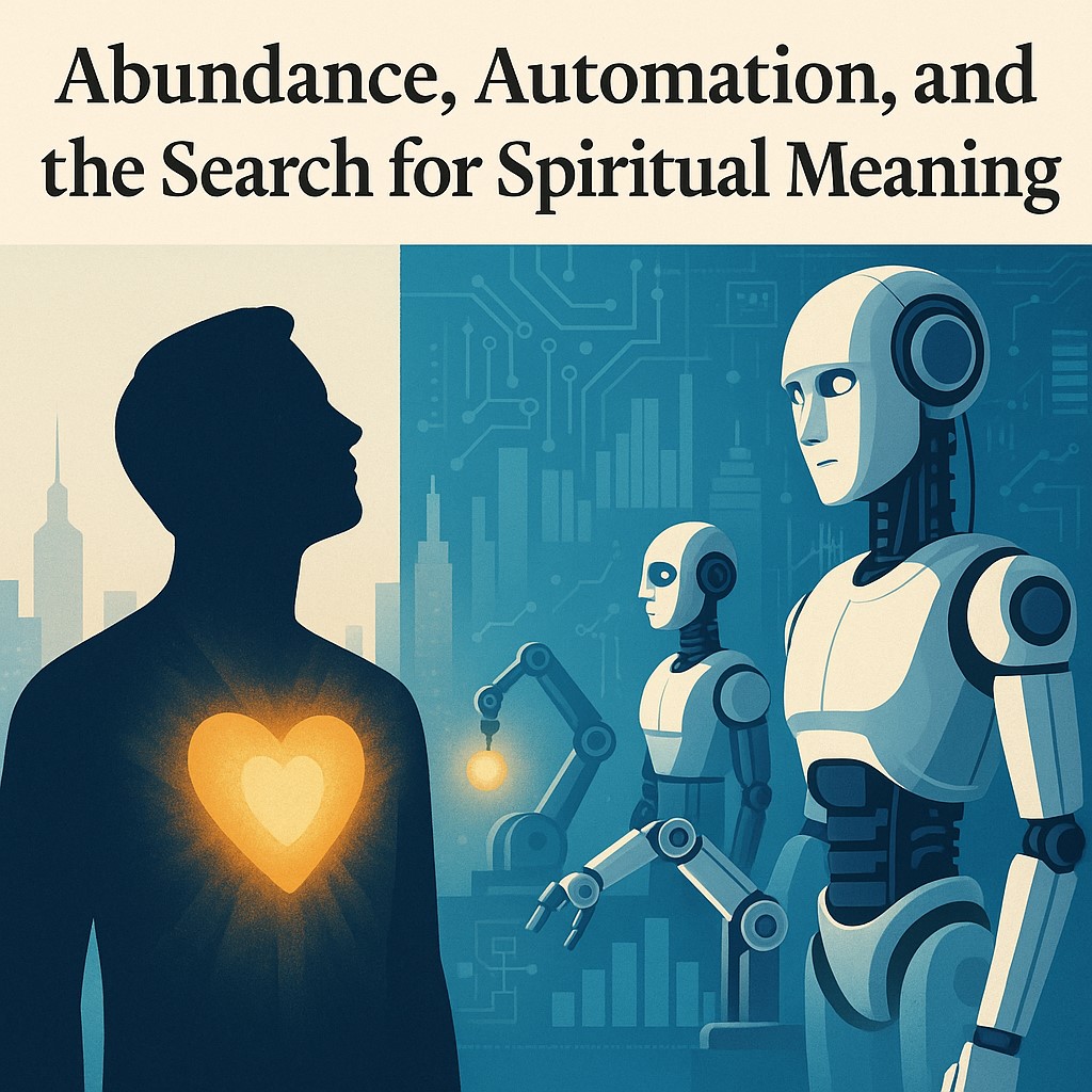 A stylized illustration split into two halves. On the left, a dark human silhouette with a glowing golden heart stands against a soft city skyline. On the right, several white robots operate in a blue futuristic city filled with circuit patterns and robotic arms. The overall look is clean and graphic.