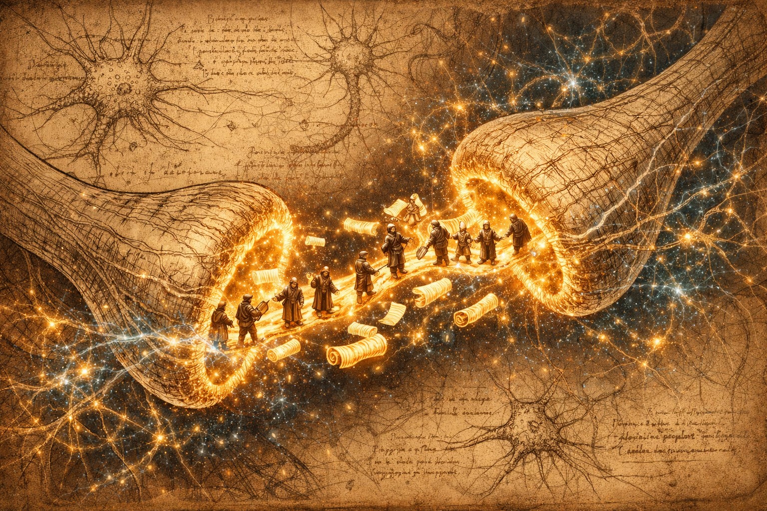 An artistic representation of a synapse firing, but instead of chemical neurotransmitters, tiny glowing narrative scrolls and miniature human figures are crossing the gap between neurons. The style is reminiscent of Renaissance anatomical sketches mixed with neon fractals.