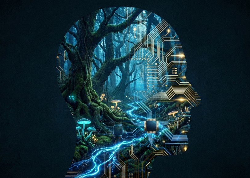 A close-up, double-exposure portrait of a human silhouette. Inside the silhouette is a vibrant, chaotic landscape of a dense forest (representing survival/instinct) merging with clean, rigid circuit board traces (representing logic). The lighting is moody, with deep blues and electric golds.