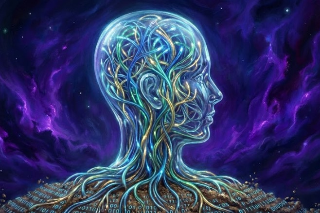 A hyper-realistic digital oil painting of a transparent glass head filled with glowing, tangled fiber-optic roots that extend downwards into a soil made of binary code. The background is a soft, nebula-like void of deep indigos and violent violets.