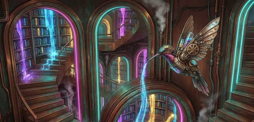 A vast, infinite library inspired by M.C. Escher, where the books are flowing liquid streams of light rather than paper. A mechanical hummingbird with clockwork wings hovers in the center, sipping from a stream of data. The style is Art Deco meets Cyberpunk.