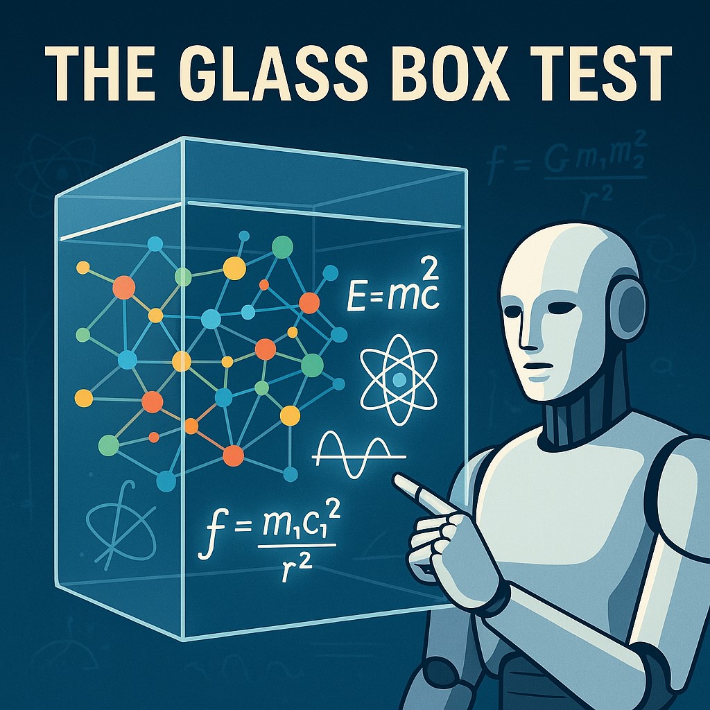 A stylized retro-futuristic robot points at a transparent glass cube filled with colorful neural-network nodes and physics equations like E=mc², set against a deep blue scientific background with subtle diagrams.