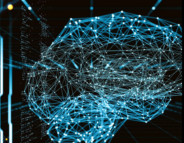 An abstract retro-futurist rendering of a floating mechanical brain made of geometric neon circuitry, radiant but obviously hollow inside.