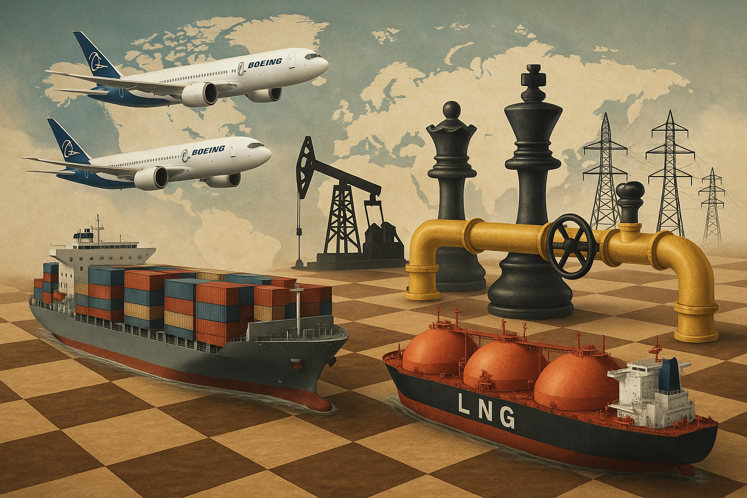 Conceptual artwork of global trade with airplane, cargo ship, LNG pipelines, and chess pieces symbolizing U.S. export power.