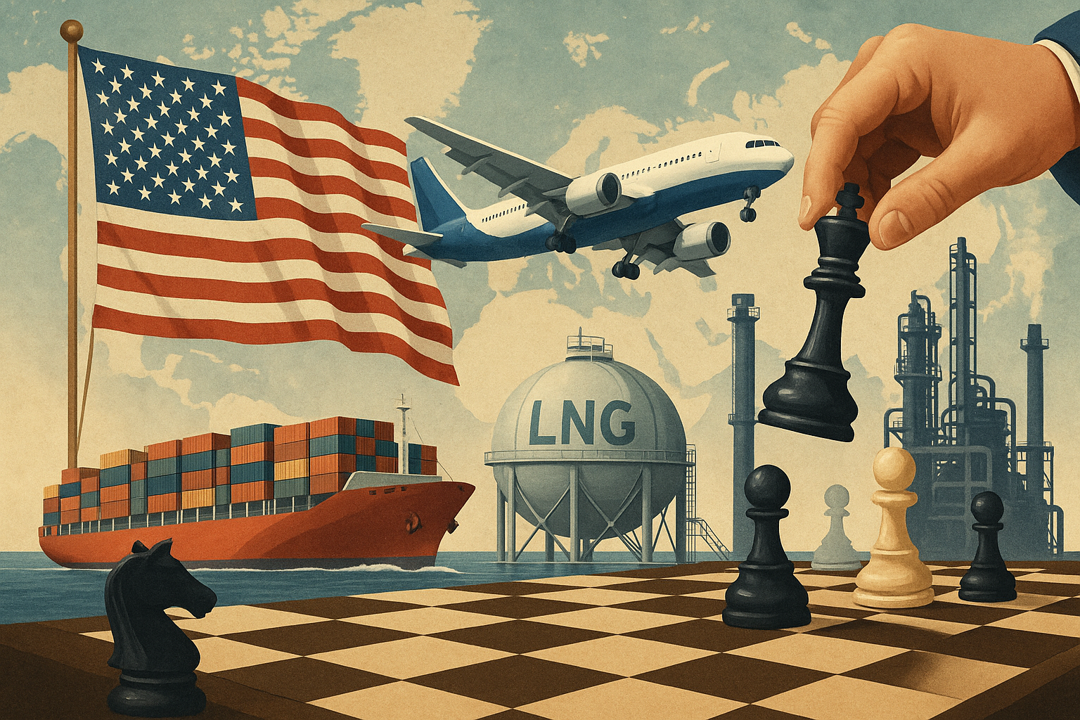 Illustration of U.S. trade strategy showing cargo ship, airplane, LNG tank, and refinery on a chessboard with American flag and hand moving chess piece.
