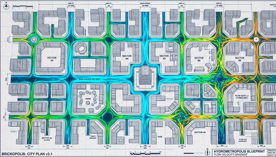 A top-down, architectural blueprint style image of a bustling city made entirely of transparent interlocking bricks. Instead of cars, the streets are filled with flowing, glowing liquid that changes color based on the width of the roads and the angles of the intersections, mimicking fluid dynamics.