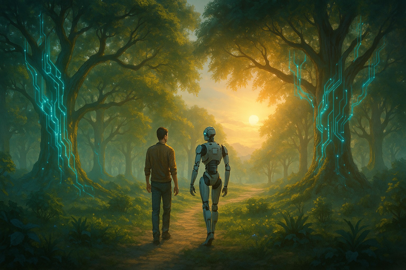 A futuristic, Eden-like forest at sunrise, with towering trees wrapped in glowing turquoise circuitry vines. A man in casual clothes and a white humanoid robot walk side by side along a winding dirt path toward the rising sun, surrounded by lush plants and soft mist.  Caption
