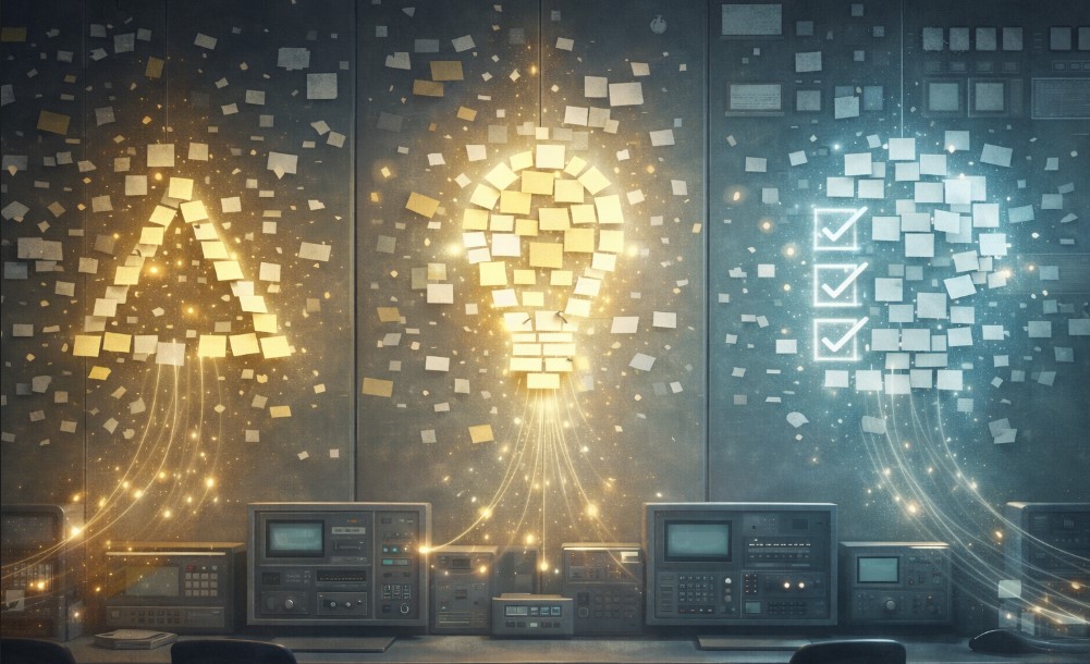 A retro-futuristic control room wall filled with floating sticky notes and fragments of speech bubbles that are being magnetically pulled into organized clusters by an unseen force. The clusters form clear shapes: a risk triangle, a lightbulb for ideas, a checklist for execution. No text is readable, only the visual metaphor of structure emerging from noise.