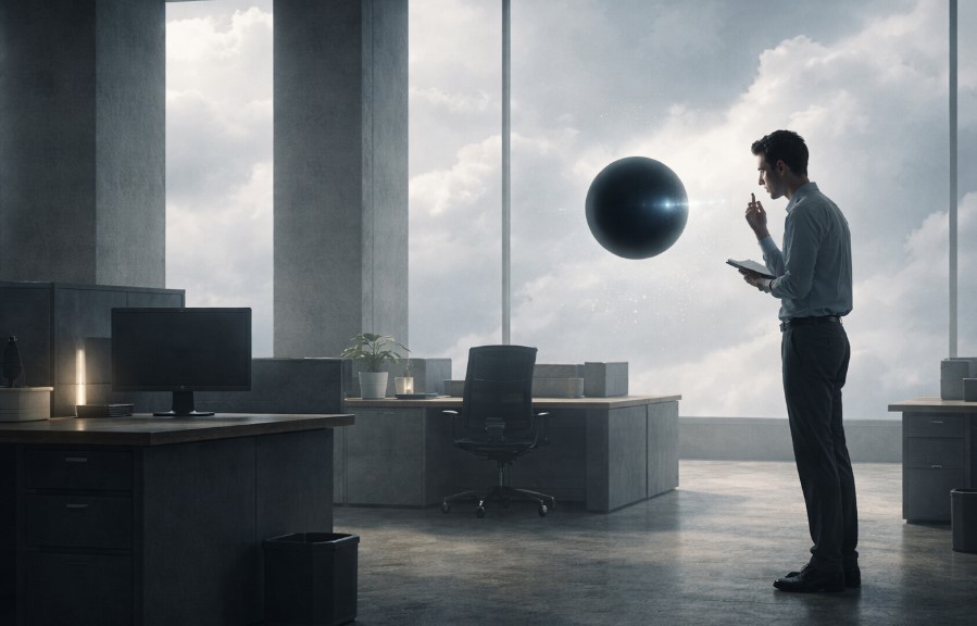 A lone worker standing in a stylized, almost brutalist office environment with massive windows showing a clouded sky. The worker is speaking softly into a floating, matte-black orb that glows faintly with each spoken syllable.
