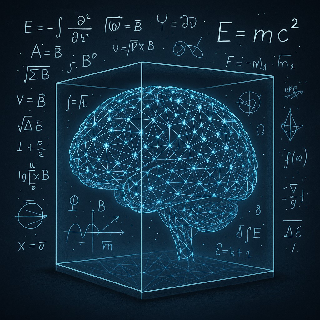 A glowing wireframe 3D brain sits inside a transparent cube, surrounded by handwritten physics equations and geometric symbols on a dark navy background, giving the effect of AI being placed under scientific examination.