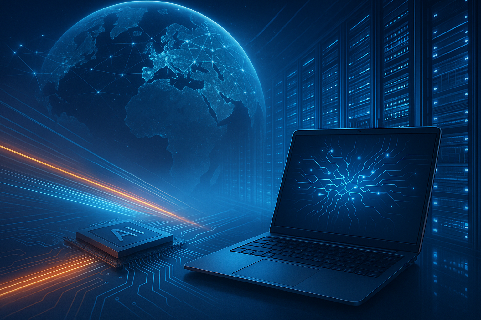 Futuristic digital world with laptop representing AI future