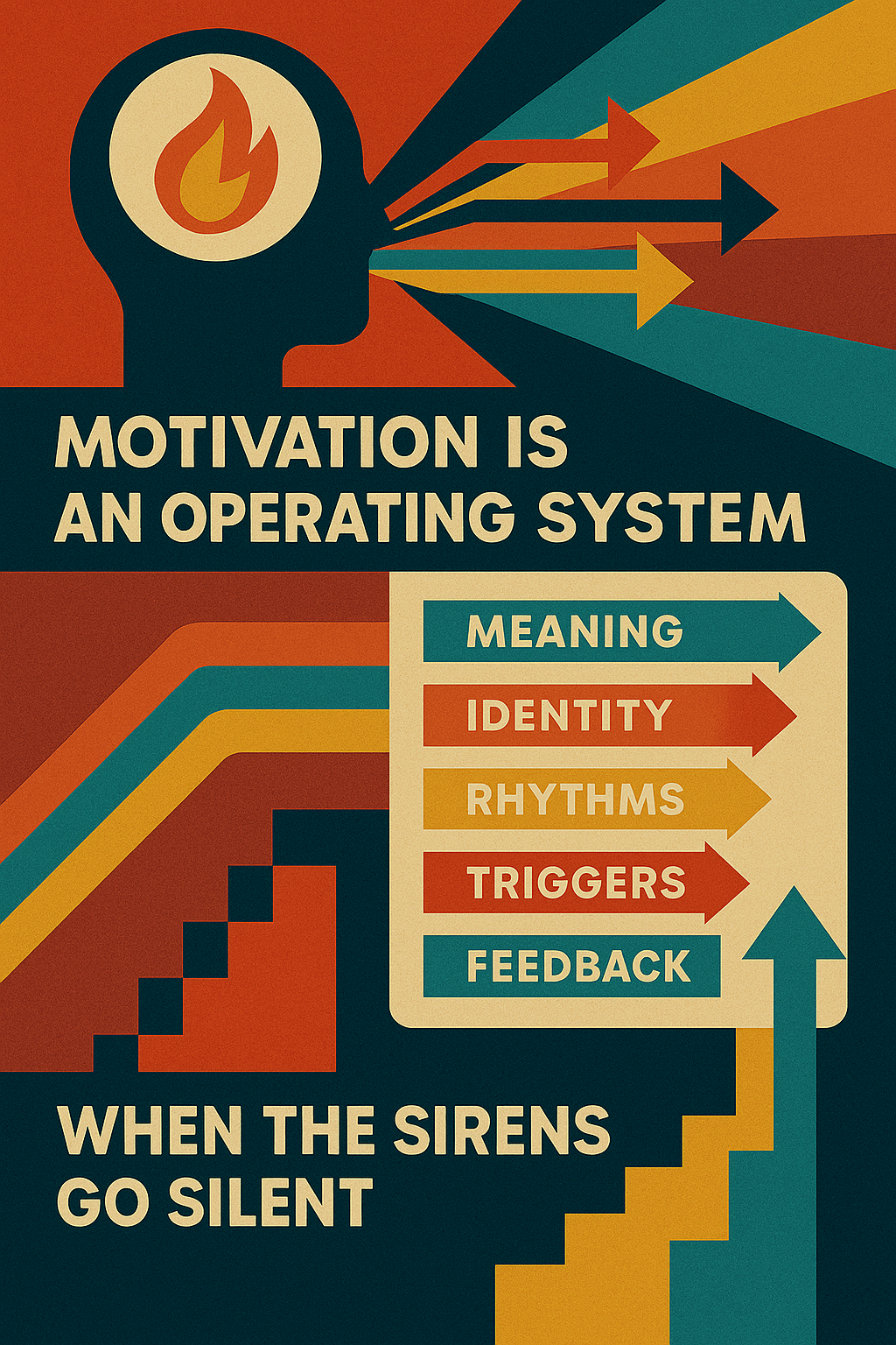 Retro-futuristic geometric illustration showing a stylized human head with a flame inside, radiating arrows labeled “Meaning,” “Identity,” “Rhythms,” “Triggers,” and “Feedback.” Bold 1980s sci-fi colors and stair-step patterns symbolize layers of motivation as an operating system.