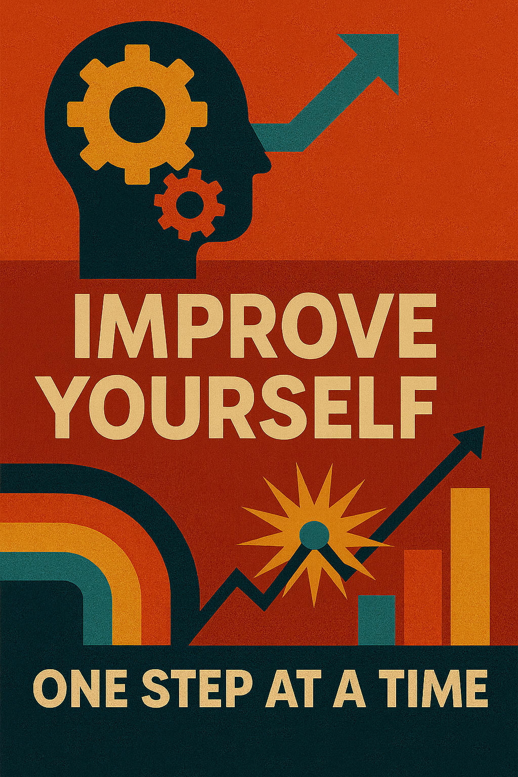 Abstract retro-futuristic poster of a human silhouette filled with gears, upward arrows, and bright sunburst shapes. A rainbow path and bar graph rise toward the words “Improve Yourself – One Step at a Time,” rendered in bold mid-century hues.