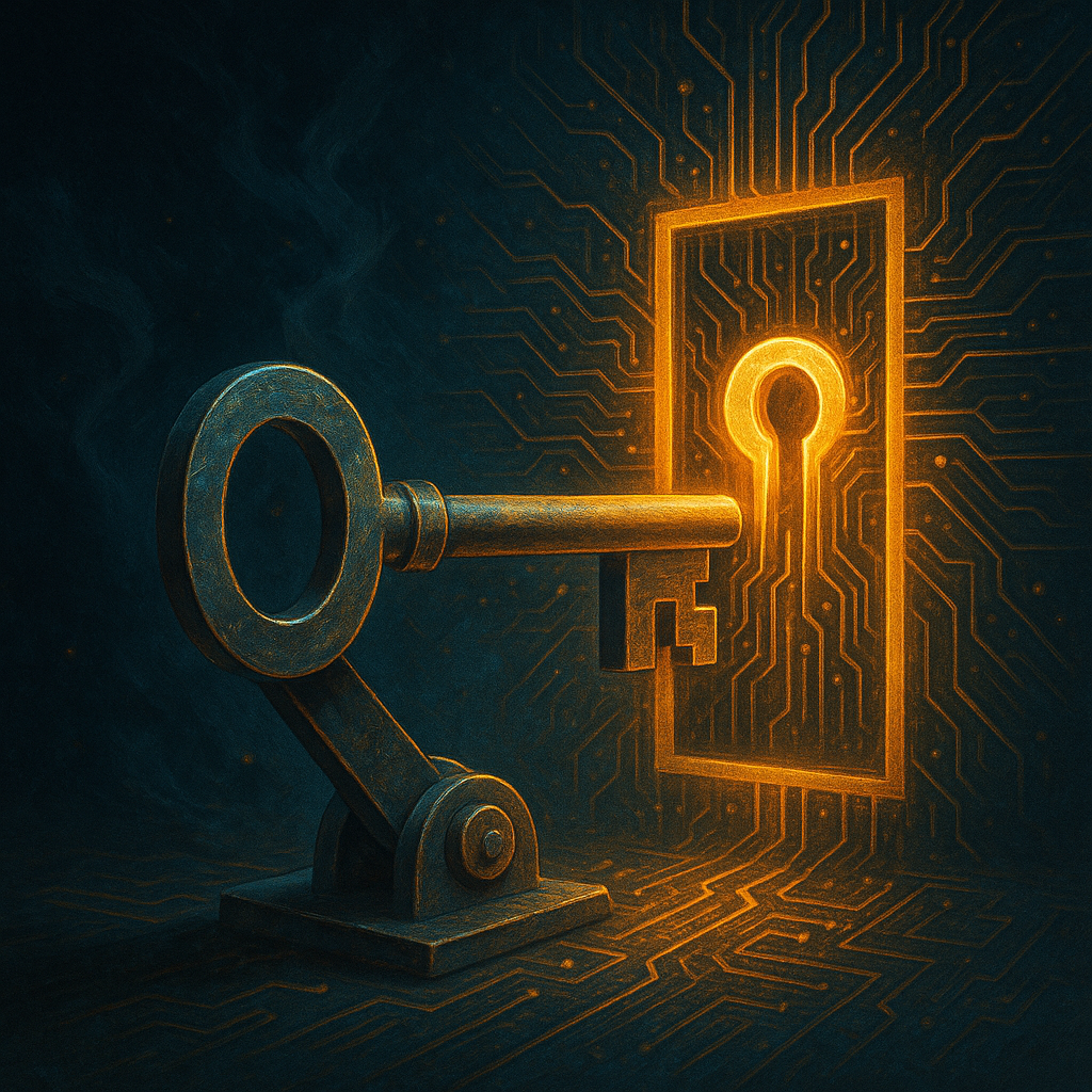A large metallic key glows with warm golden light as it fits into a digital keyhole embedded in a circuit board. The background is dark and smoky, illuminated by branching electronic traces that radiate from the keyhole, blending the imagery of ancient locks with futuristic technology.