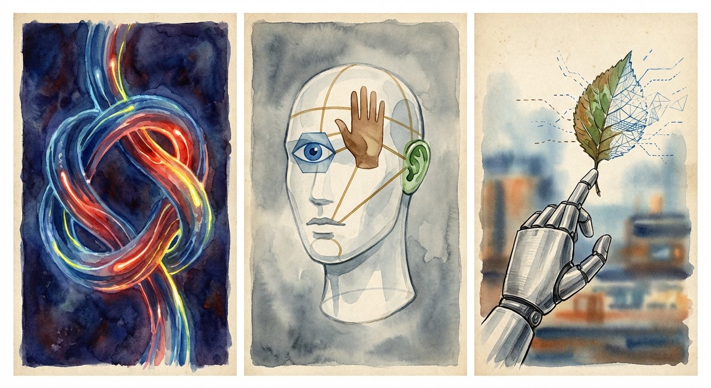 A three-panel watercolor triptych exploring the evolution of artificial perception. The left panel shows a glowing knot of intertwined red, blue, and yellow fiber-optic strands against a dark void, symbolizing a digital approximation of emotion. The center panel features a translucent glass mannequin head with floating geometric icons of the senses—an eye, a hand, and an ear—connected by thin golden threads, representing an artificial sensorium. The right panel depicts a robotic hand reaching toward a falling leaf that transforms into wireframe data at the point of contact, illustrating the conversion of organic reality into machine-interpretable form.