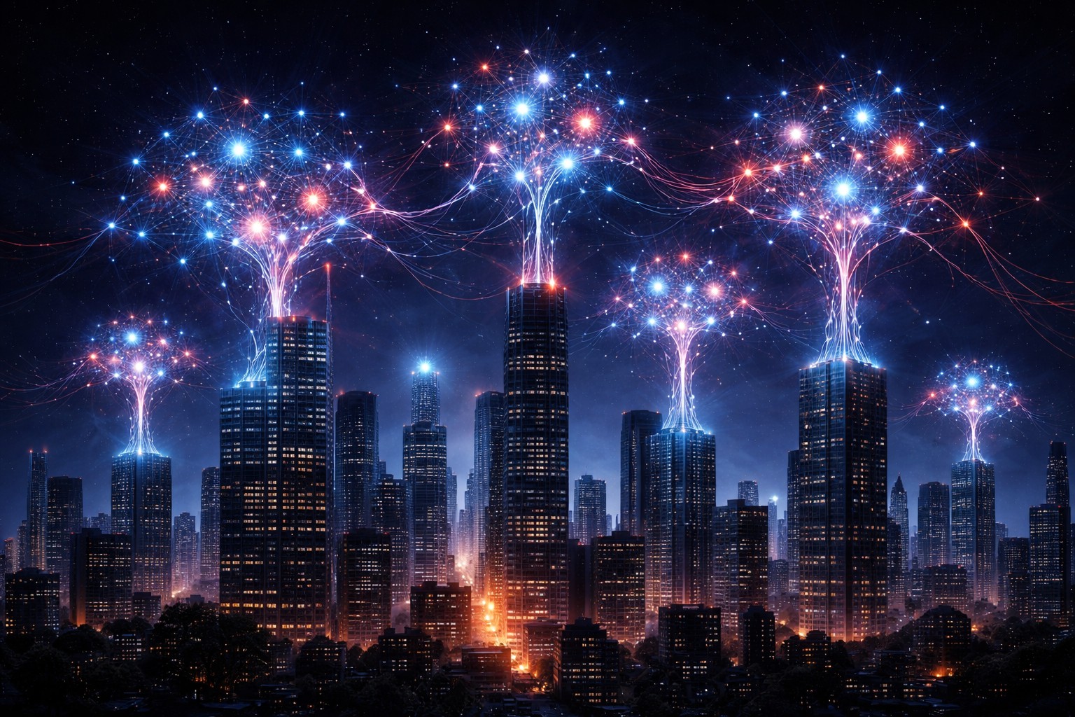 A dark cityscape where office buildings transform into glowing neural network nodes connected by red and blue synaptic lines against a deep indigo night sky