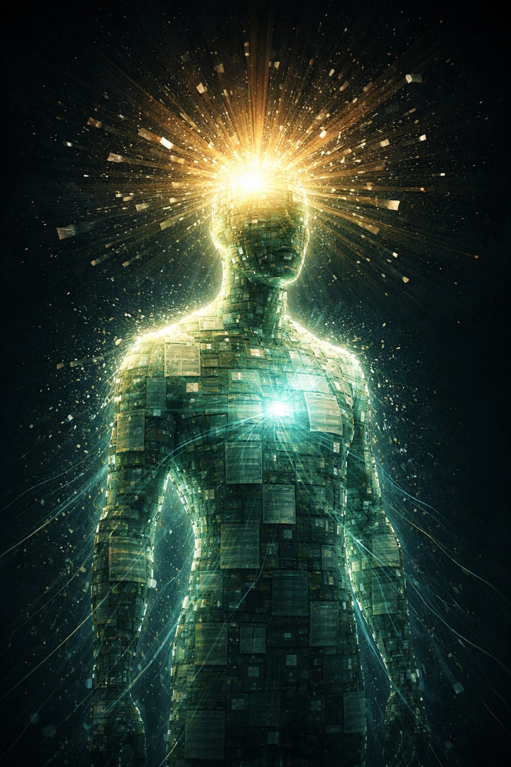 A glowing human silhouette made of green-tinted text documents and data lines against a dark background, with golden light streaming from the head outward, and small particles drifting away to represent knowledge lost without capture