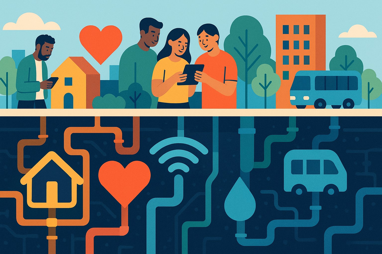 Illustration of diverse people walking through a sunny city while underground orange pipes connect icons for housing, healthcare (heart), Wi-Fi, and a bus—visualizing Universal Basic Services as shared infrastructure.
