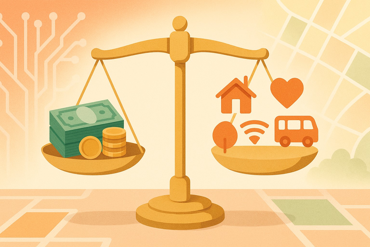 Balanced scale: left pan holds stacks of money and coins; right pan holds icons for housing, healthcare (heart), Wi-Fi, water, and public transport—showing a hybrid model of Universal Basic Services plus a small stipend.