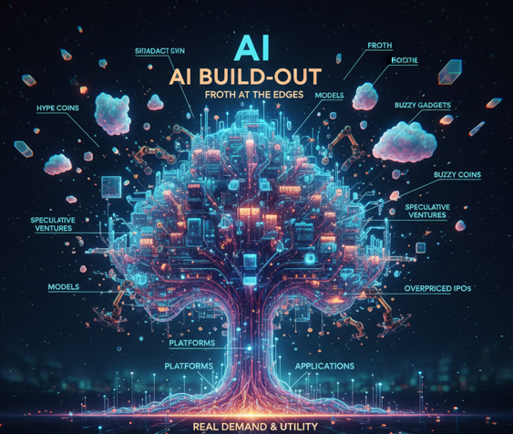  A vibrant, futuristic depiction of an "AI Build-Out" as a glowing, intricate tree-like network. The core of the tree represents "Real Demand & Utility," branching out into complex circuits and data streams labeled "Platforms," "Applications," and "Models." Around the edges of this main structure, lighter, cloud-like elements signify "Froth," "Hype Coins," "Speculative Ventures," "Overpriced IPOs," and "Buzzy Gadgets," appearing somewhat detached but still part of the broader ecosystem. The overall style is retro-futuristic with glowing blue and orange circuits against a dark, bokeh-filled background.