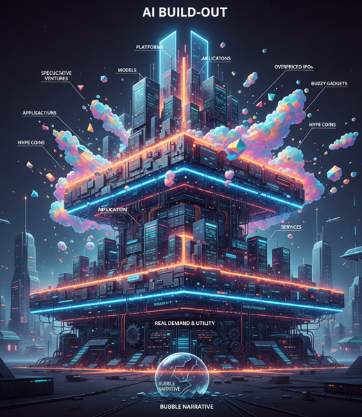 A towering, multi-layered futuristic cityscape or platform, representing the "AI Build-Out." The base is solid and well-lit, labeled "Real Demand & Utility," forming the foundation. Above it, stacked layers of interconnected buildings and circuits are marked with "Applications," "Platforms," "Models," and "Services," indicating continuous development. Around the upper tiers and floating above, colorful, cloud-like structures and scattered geometric shapes signify "Speculative Ventures," "Overpriced IPOs," "Buzzy Gadgets," and "Hype Coins"—the "froth at the edges." A spherical "Bubble Narrative" is contained at the very bottom, distinct from the main structure. The style is detailed, retro-futuristic, with strong neon blue and orange lighting against a dark, metropolitan background.