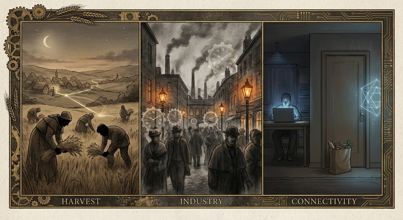 Three eras merged: medieval farming, industrial factory life, and a modern home with AI-driven convenience.