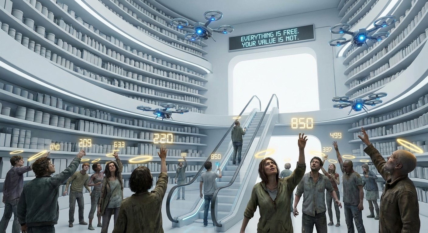A futuristic store overflowing with free goods while people obsess over floating status rankings above them.