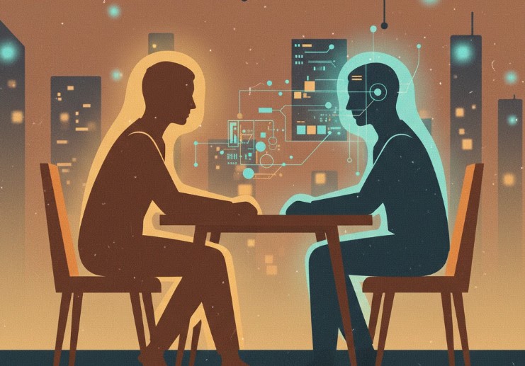 An abstract illustration of a human silhouette and a glowing interface sitting across from each other at a wooden table, like a quiet conversation rather than a command center.