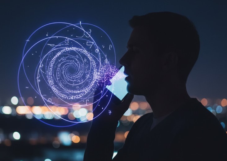 A softly lit scene of a person speaking into a phone at night, their words visually transforming into flowing geometric patterns that resemble both sound waves and handwritten notes.