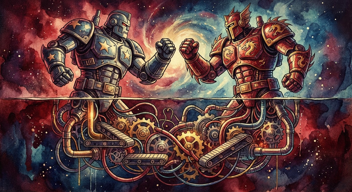 A vibrant, surreal illustration of two armored mech warriors facing each other in a standoff. One mech wears blue armor decorated with stars, symbolizing the United States, while the other wears red armor adorned with dragons, symbolizing China. Their upper bodies are posed like boxers about to clash, but beneath the surface their lower halves merge into a single complex mechanical system: gears, pistons, tubes, and industrial machinery interconnected in one shared engine. The background features a cosmic swirl of reds, blues, and golds, giving the image a mythic, universe-scale atmosphere.