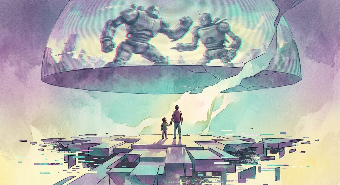 A surreal, pastel-colored illustration of a father and young child standing hand-in-hand on a fractured digital landscape, as if the ground beneath them is made of floating data tiles. Above them, a massive cracked projection dome displays two giant robotic figures locked in combat, echoing the imagery of great power conflict. The projection glitches at the edges, suggesting distortion or manufactured drama. Light pours through the crack in the dome, illuminating the child and parent as they look upward together. The overall effect blends sci-fi, metaphor, and vulnerability.