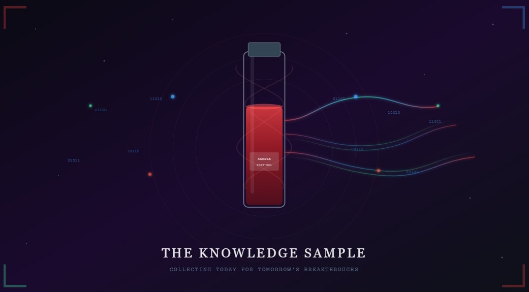 Abstract digital artwork depicting a crimson blood collection vial suspended at the center of a dark cosmic field. Binary data streams and colored light tendrils radiate outward from the vial in both directions, suggesting knowledge transforming from analog biological material into digital intelligence. A faint DNA double helix wraps the vial. Corner accents in red, blue, and green frame the composition.